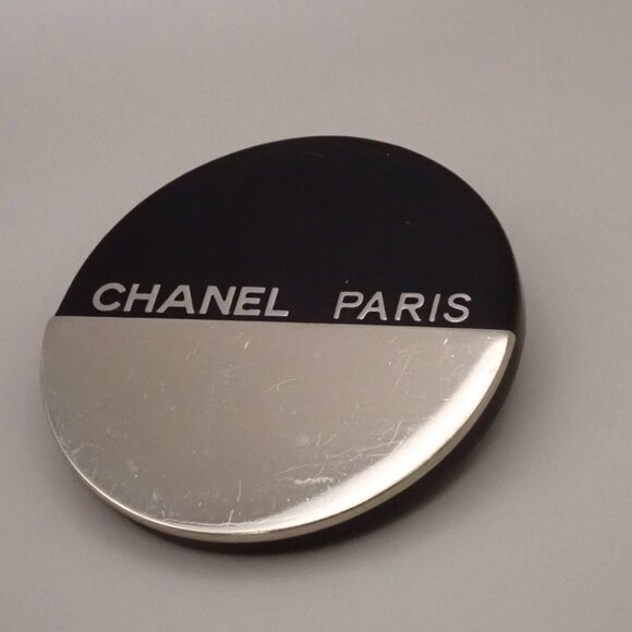CHANEL Logo Round Bicolor Brooch 00A Metal Plastic Black Silver France 83KA600 - Picture 11 of 16